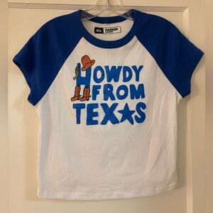 Parker Blue and White Howdy From Texas Cropped Y2K Baby Tee
